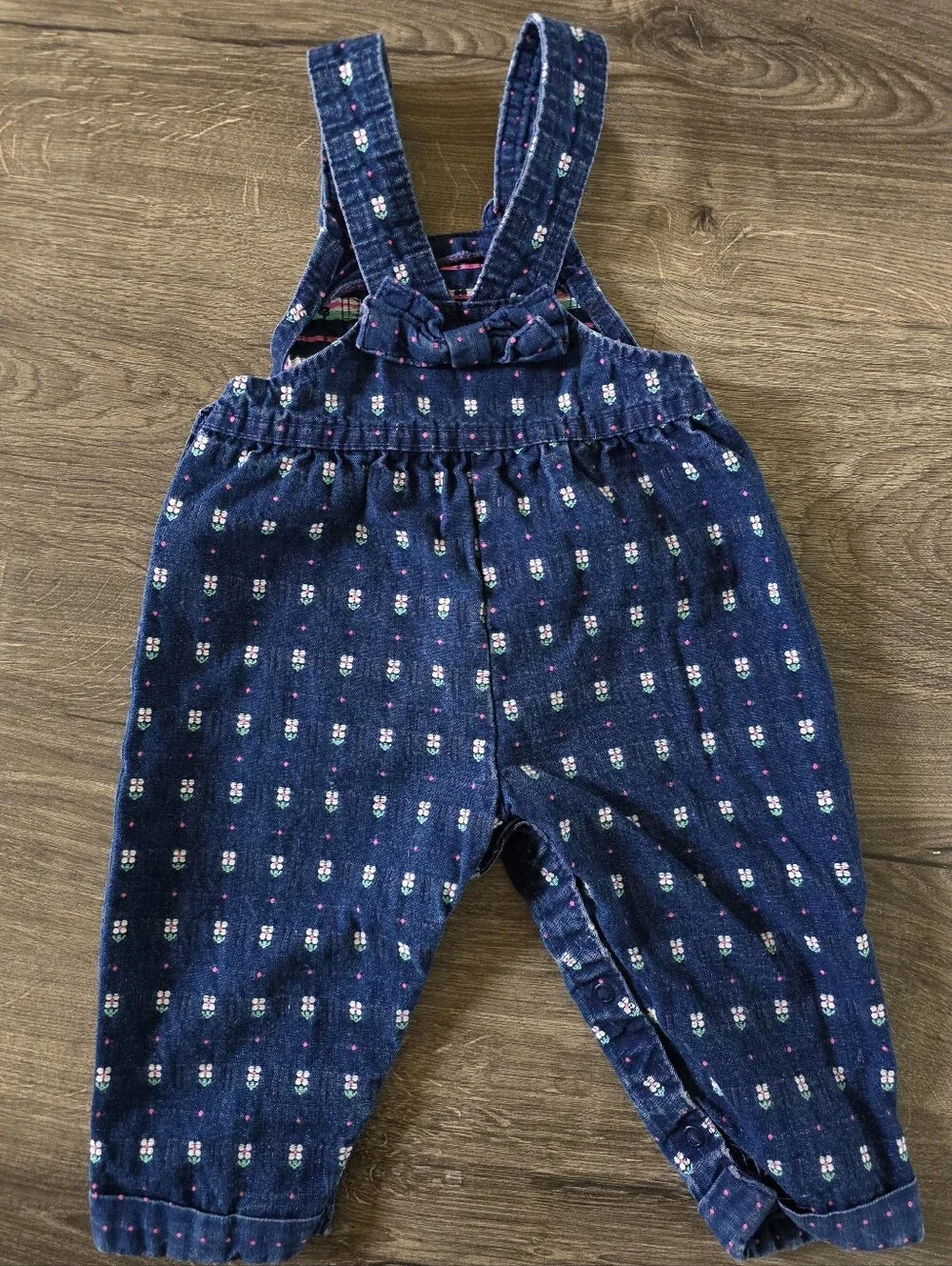 VTG Osh Kosh B'gosh Blue And Pink Floral Dot-Pattern Bow Denim Overalls